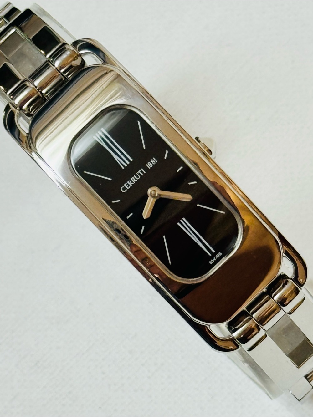 Cerruti 1881 C Wave Black Dial Women's Silver Curved Tank Bracelet Watch 61202